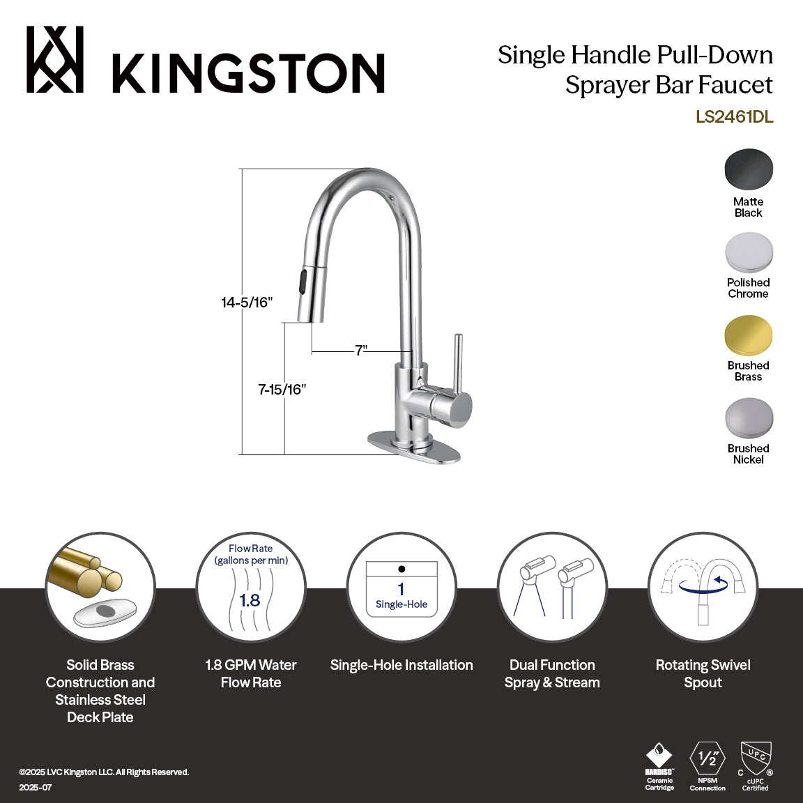 Kingston Sona LS2463DL - Concord One-Handle 1-Hole Deck Mount Bar Faucet with Pull Down Sprayer, Brushed Brass — thumbnail 2